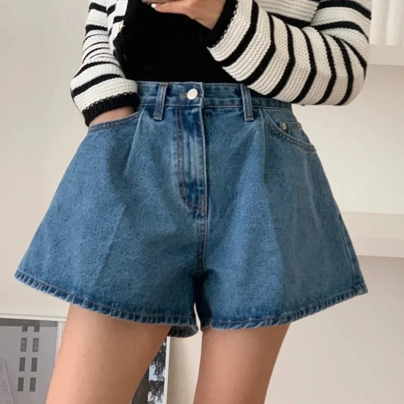 Summer Washed High Waist Women's A-line Denim Shorts Pocket White 2025 New Casual Loose Wide Leg Jeans Shorts Female