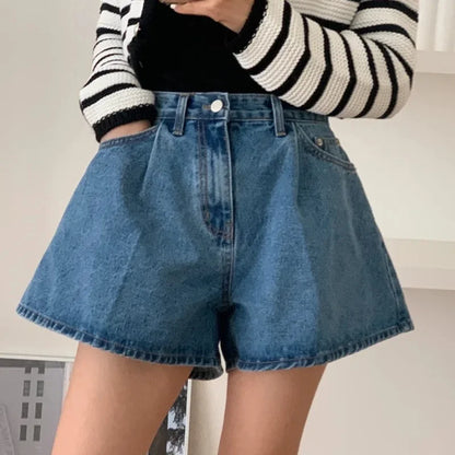 Summer Washed High Waist Women's A-line Denim Shorts Pocket White 2025 New Casual Loose Wide Leg Jeans Shorts Female