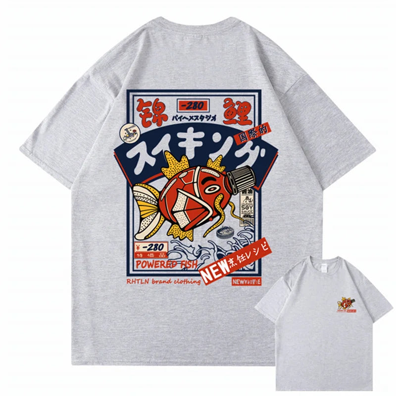 Hip Hop Streetwear Harajuku T-shirt Japanse Kanji Fish Print T-shirt 2024 Mannen Katoen Casual Korte Mouw T-shirt Japan Stijl