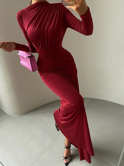 Folds Maxi Dress Women O-Neck Full Sleeve Solid Banquet Elegant Vacation Fashion Autumn Skinny Casual Simple Vestido
