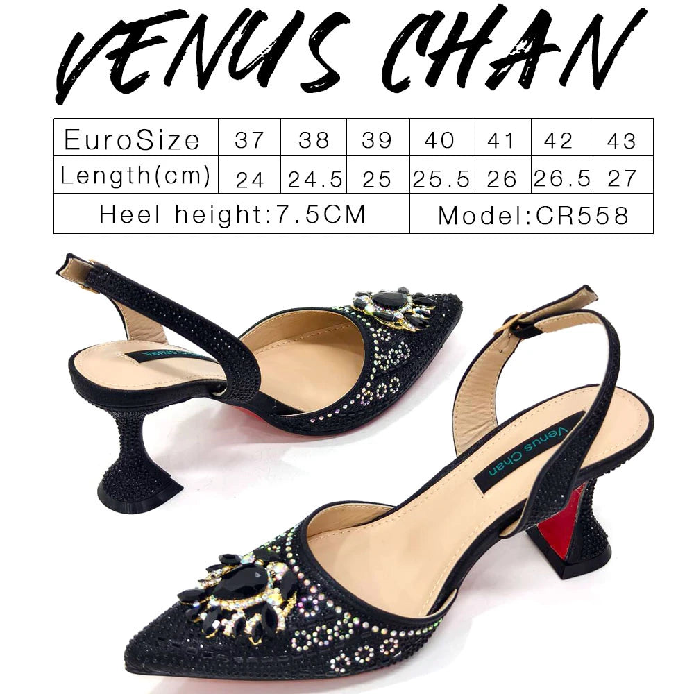 2024 Latest Wedding Pointed Toe Women's Shoes High Heel Black Color Rhinestones italian shoes and bags matching set