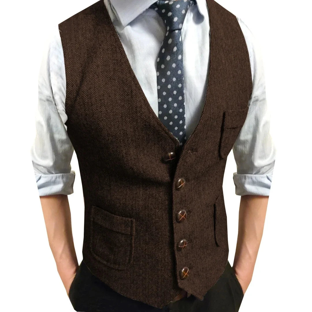 Men Vest Brown Herringbone Single Button V Neck Waistcoat For Wedding Party Business Work Office Daily Casual Men Suit Vest