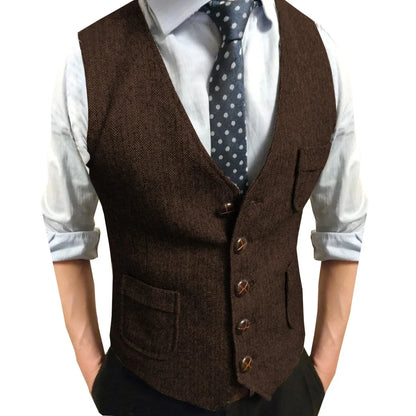 Men Vest Brown Herringbone Single Button V Neck Waistcoat For Wedding Party Business Work Office Daily Casual Men Suit Vest