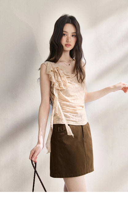 French Floral Lace Swing Neck Shirt For Women 2026 Summer New Pleated 3D Floral Ribbon Hazy Elegant Slim Top MXF24X2617