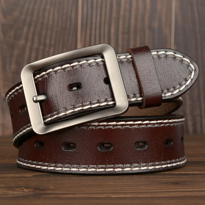 3.8CM Fashion Men Belts Genuine Leather Luxury Designer Vintage Thread Waist Belt For Jeans Cinturon Cowboy Hombre Dropshipping