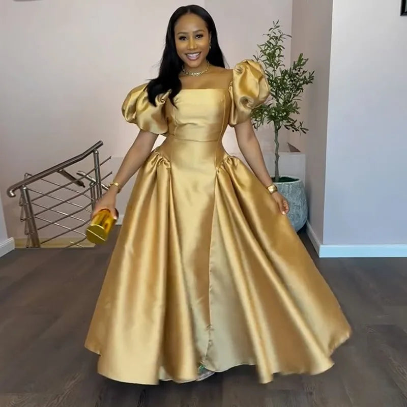 Elegant Dress for Women's Puff Sleeve Square Collar Gold Solid Pleated A-line Evening Party Cocktail Maxi Dresses