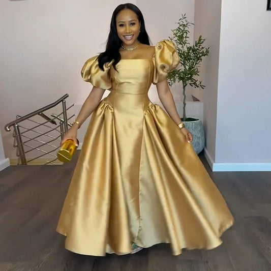 Elegant Dress for Women's Puff Sleeve Square Collar Gold Solid Pleated A-line Evening Party Cocktail Maxi Dresses