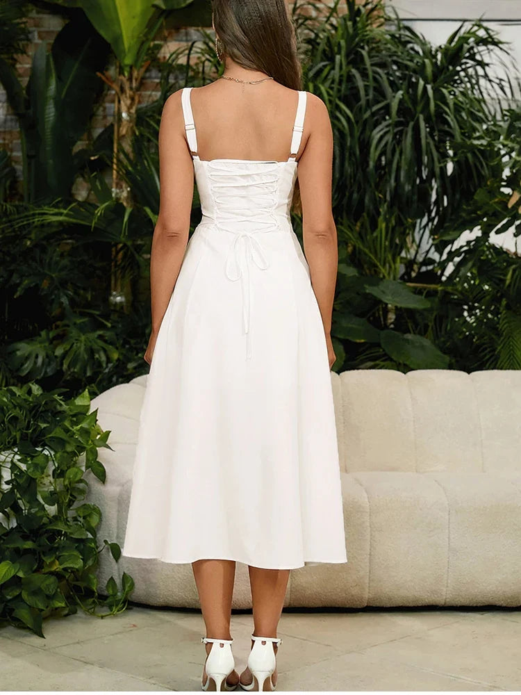 Summer Sweet Solid Sleeveless Long Dress Women Fashion Bandage Camisole Dresses Padded Boned Robe Elegant Party Vestidos