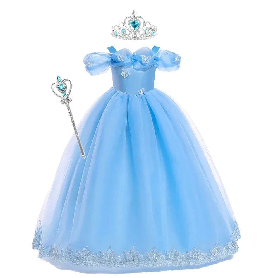 Girls New Year Blue Long Dress for Kids Christmas Birthday Party Dresses Butterfly Cinderella Cosplay Costumes Chidren Outfits