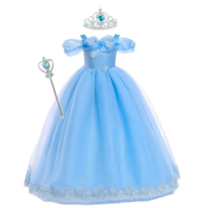 Girls New Year Blue Long Dress for Kids Christmas Birthday Party Dresses Butterfly Cinderella Cosplay Costumes Chidren Outfits