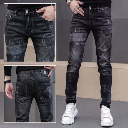 Harajuku Fashion Men's High-end Embroidered Jeans Korean Style Prints Patches Slim Fit Casual Spring Autumn Cowboy Trousers