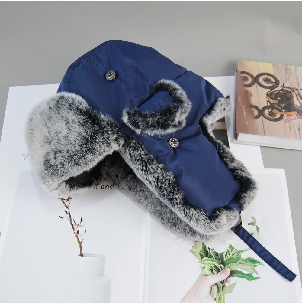 New Natural Soft Rex Rabbit Fur Caps Russia Winter Real fur Hat Men Outdoor Windproof Super Warm Real Rex Rabbit Fur Bomber Hats