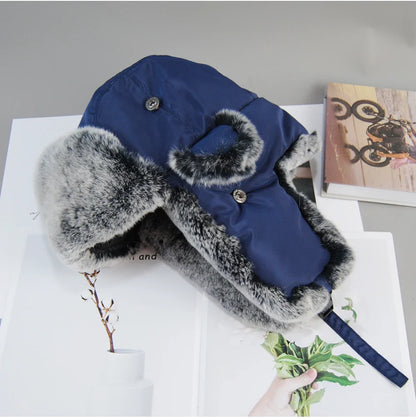 New Natural Soft Rex Rabbit Fur Caps Russia Winter Real fur Hat Men Outdoor Windproof Super Warm Real Rex Rabbit Fur Bomber Hats