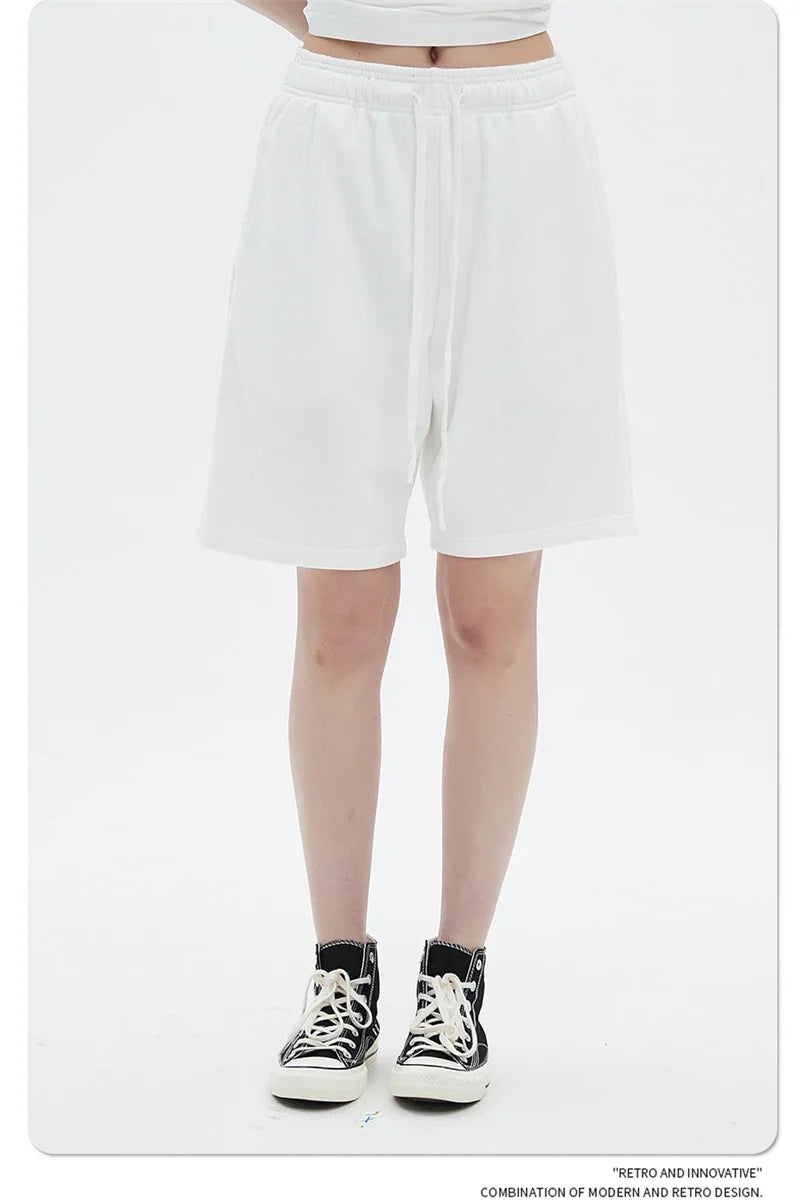 Fashion Summer Men 420gsm Washed Cotton Shorts Retro Unisex High Street Terry Knee Length Short Pants Streetwears HY0845