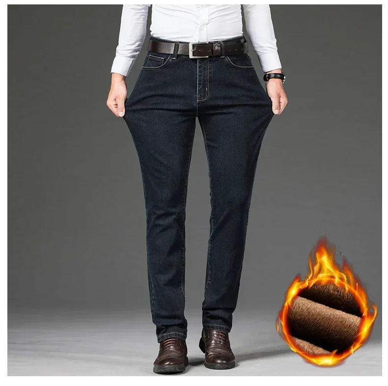 Winter Fleece Men's Casual Jeans Stretch Fashion Cotton Thick Plush Warm Denim Trousers Male Brand Pants Plus Size 42 44 46