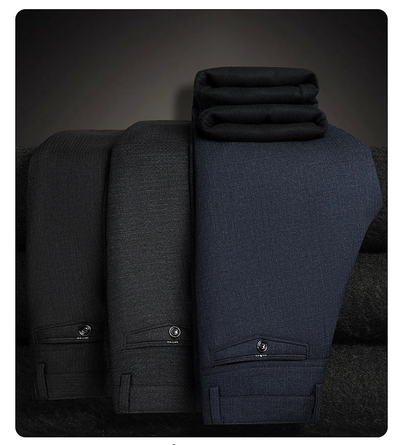 Men's Fleece Lined Suit Pants Business Casual Loose Straight Black Formal Dress Pants Navy Blue Thick Warm Trousers