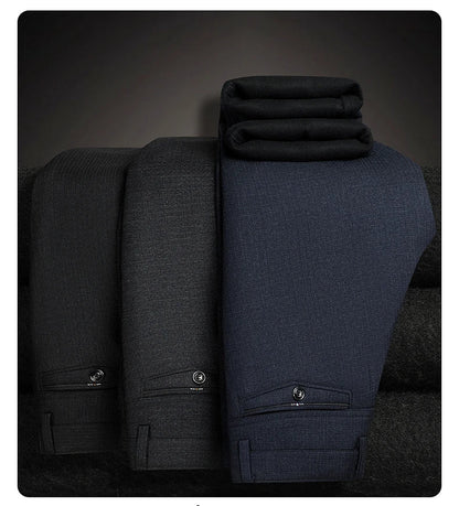 Men's Fleece Lined Suit Pants Business Casual Loose Straight Black Formal Dress Pants Navy Blue Thick Warm Trousers