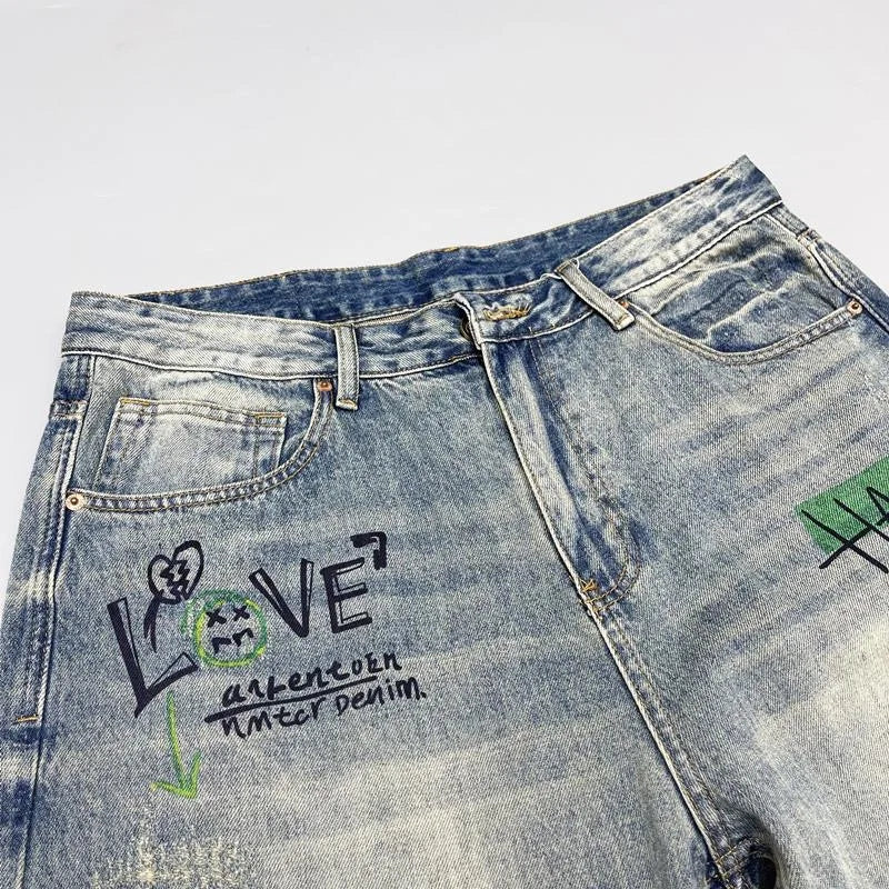 Spring and Autumn New Fashion Trend Printed Straight Leg Vintage Denim Pants Men's Casual Loose Sports High Quality Pants 28-36