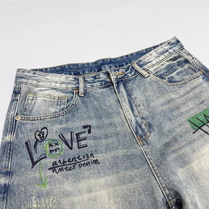 Spring and Autumn New Fashion Trend Printed Straight Leg Vintage Denim Pants Men's Casual Loose Sports High Quality Pants 28-36