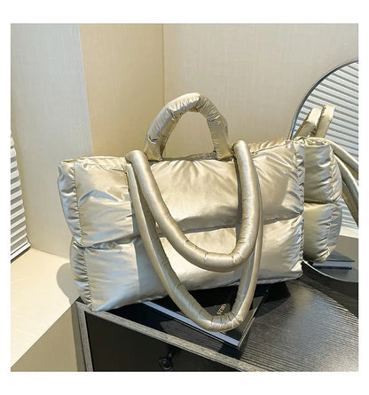 Fashion Large Capacity Puffer Shoulder Bags Padded Women Handbags Casual Nylon Quilted Big Tote Bag Warm Winter Shopper Purses