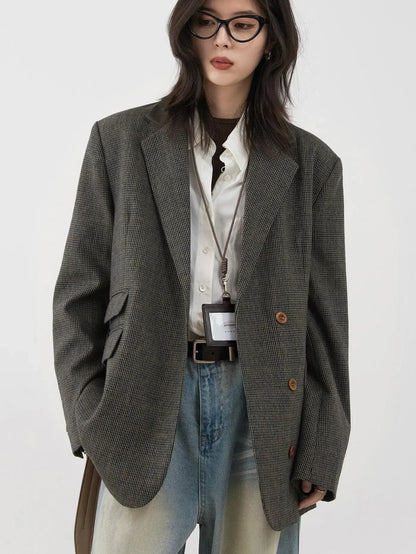 Women's Woolen Blazer Loose Retro Single Breasted Female Jacket Mid Length Plaid Coat for Woman Autumn Winter 2024