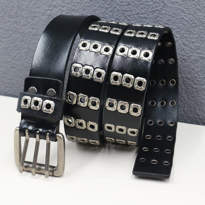 Rock Genuine Leather Luxury Punk Belt Jeans Heavy duty Hollow manual  Designer Brand Belt Men Rivet Three-pin buckle Belt Male