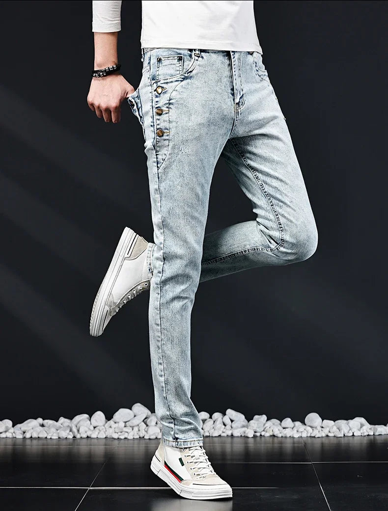 Slim Skinny Jeans Men New Elastic Korean Design Fashion Multi-Button Blue White Vintage Wash Cotton Stretch Denim Pants Trousers