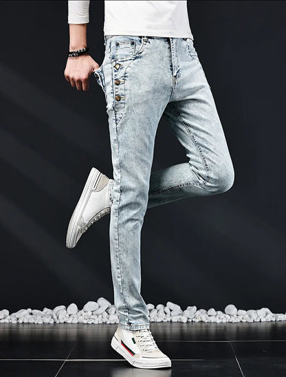 Slim Skinny Jeans Men New Elastic Korean Design Fashion Multi-Button Blue White Vintage Wash Cotton Stretch Denim Pants Trousers