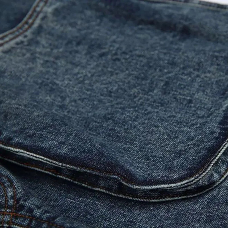 Spring Korean Vintage Men'S Jeans Three-Dimensional Large Pockets And Diagonal Zipper Design Wide Leg Casual Straight Leg Pants