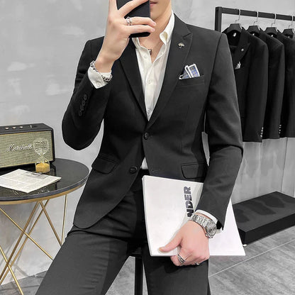 ( Blazer + Pants ) High End Brand Plaid Men's Casual Formal Office Business Suit Groom Wedding Dress Slim Suit Jacket Trousers