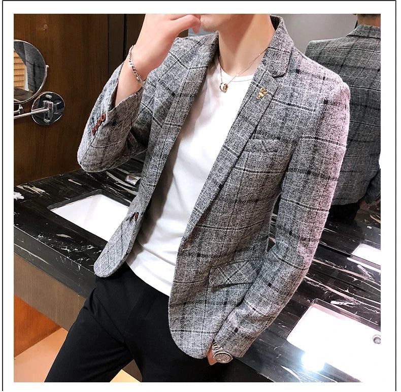 Men Checked Suit Jacket 2023 Spring New Linen Slim Suit Jacket Fashion One-button Business Casual Jacket Large M-5XL Suit Jacket