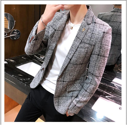 Men Checked Suit Jacket 2023 Spring New Linen Slim Suit Jacket Fashion One-button Business Casual Jacket Large M-5XL Suit Jacket
