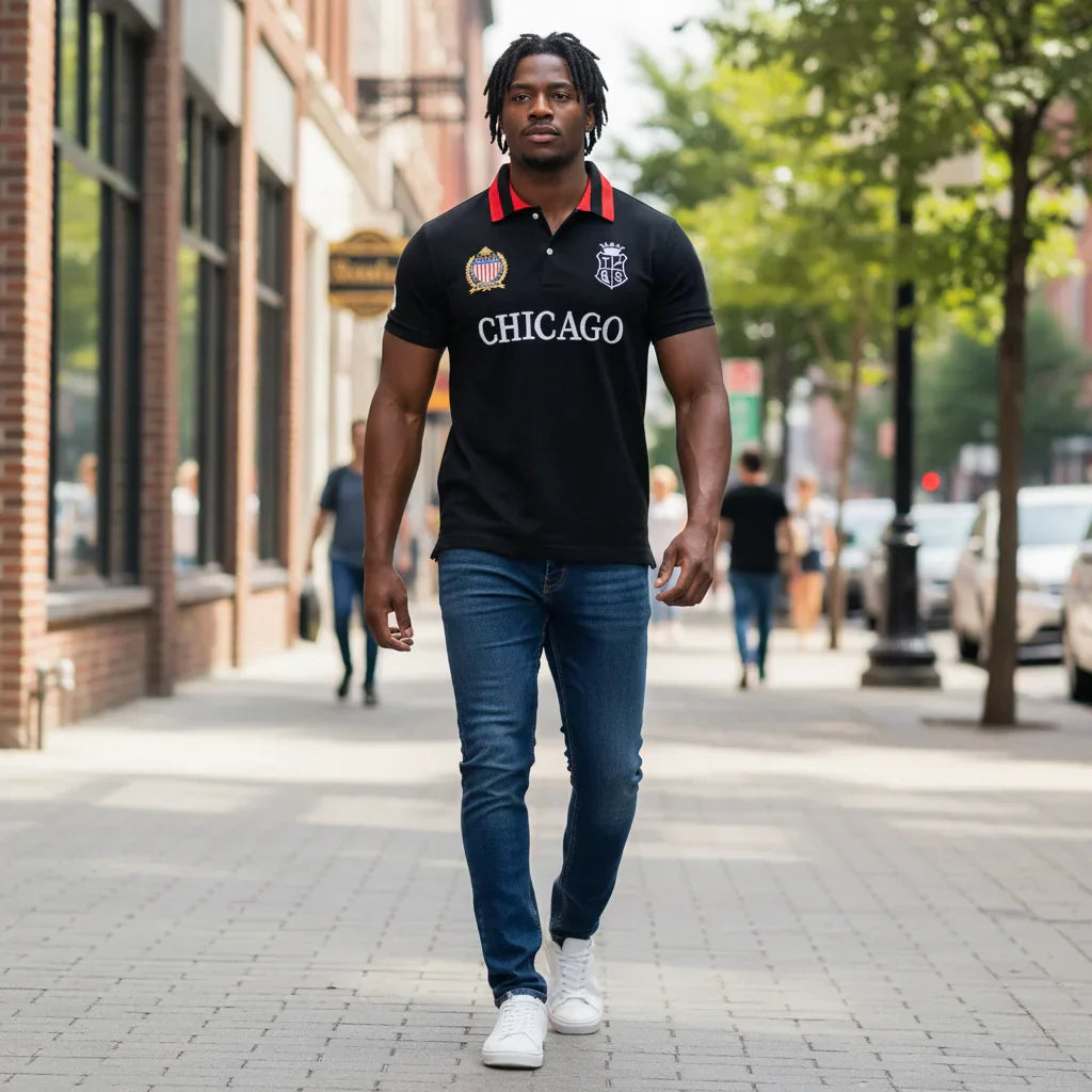 Men's polo shirt USA Chicago short sleeve Royal leisure sports party cotton embroidered with slit contrast color original