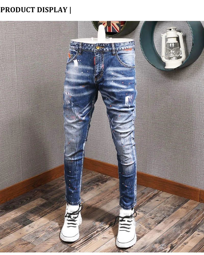 Fashion Streetwear Men Jeans Retro Black Blue Elastic Slim Fit Ripped Jeans Men Spliced Designer Embroidery Hip Hop Denim Pants