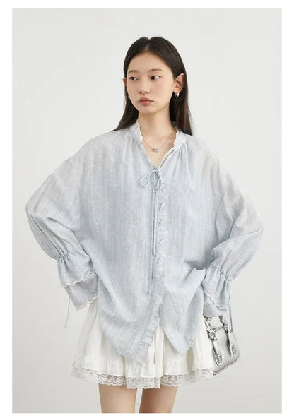 Women Shirt Single Breasted V-neck Loose Casual Long Sleeve New Stand Up Collar Coat Female Blouse Spring Autumn 2025