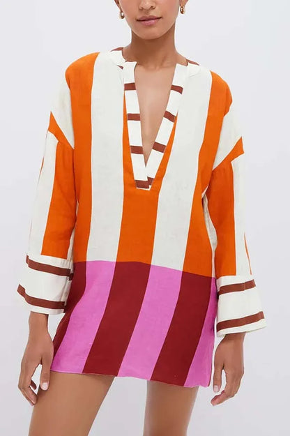 Autumn Winter Women Linen Material Mini Dresses Print Sexy V-neck Hollow Out Long Sleeves Robeson Beach Party Female Dresses