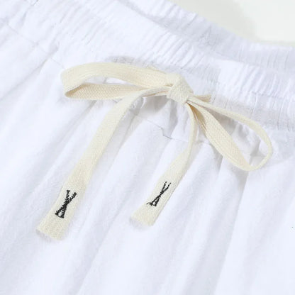 Men's Casual Cotton Linen Pants Drawstring Waist Side Button Decor Straight Leg Lightweight Breathable Summer Beach Trousers