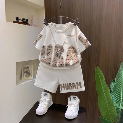 Summer Boys Cotton Leisure Print Alphabet T-Shirt+Shorts Pant Set School Kids 2PCS Tracksuit Children Sportswear Outfit 5-16 Yrs