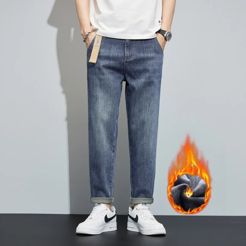 Winter Dark Blue Fleece Jeans for Men Black Loose Straight Casual Trendy Comfortable Versatile Youth Thickened Harem Pants Blue