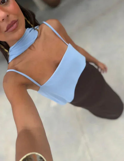 Fashion Color Block Spaghetti Strap Maxi Dress Women Elegant Halter Scarf  High Split Slim Vestidos 2026 New Daily Party Robes