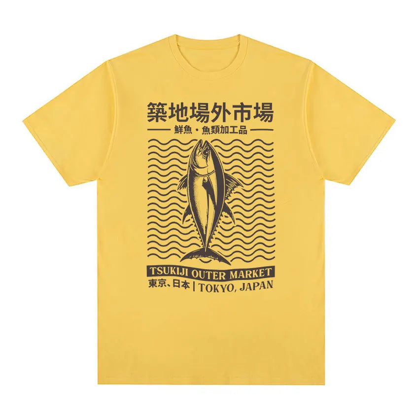 Tokyo Japan Tsukiji Outep Market Funny Meme T Shirts Japanese Fish Retro Harajuku T-shirt Men's Oversized Cotton Tees Streetwear