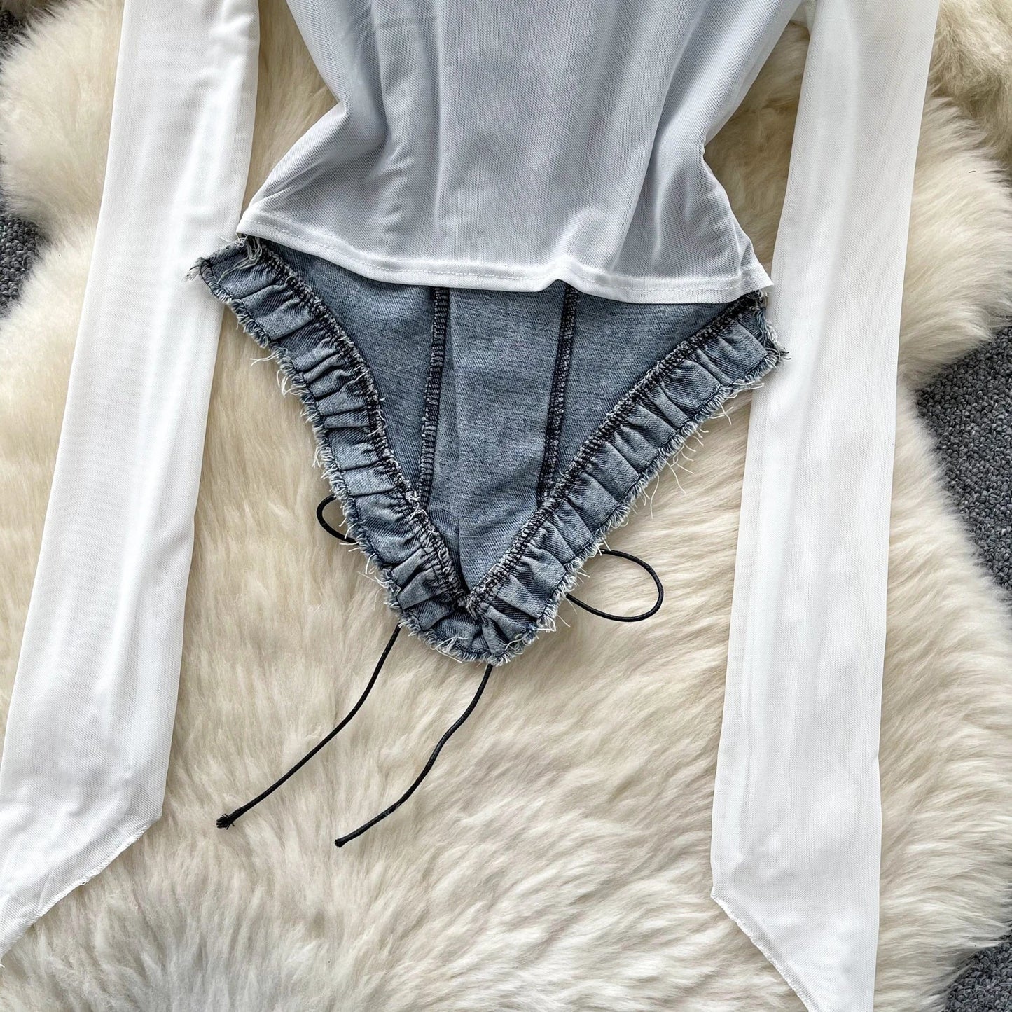 American Retro Patchwork Sexy Blouse 2024 Women Squre Neck Long Sleeves Sheer Top Streetwear Ins Lace Up Denim Shirt