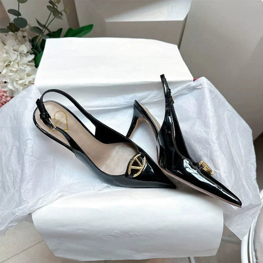 Thin heeled Baotou sandals for women's summer 2026 new style, pointed back strap, metal buckle, versatile high-heeled sandals