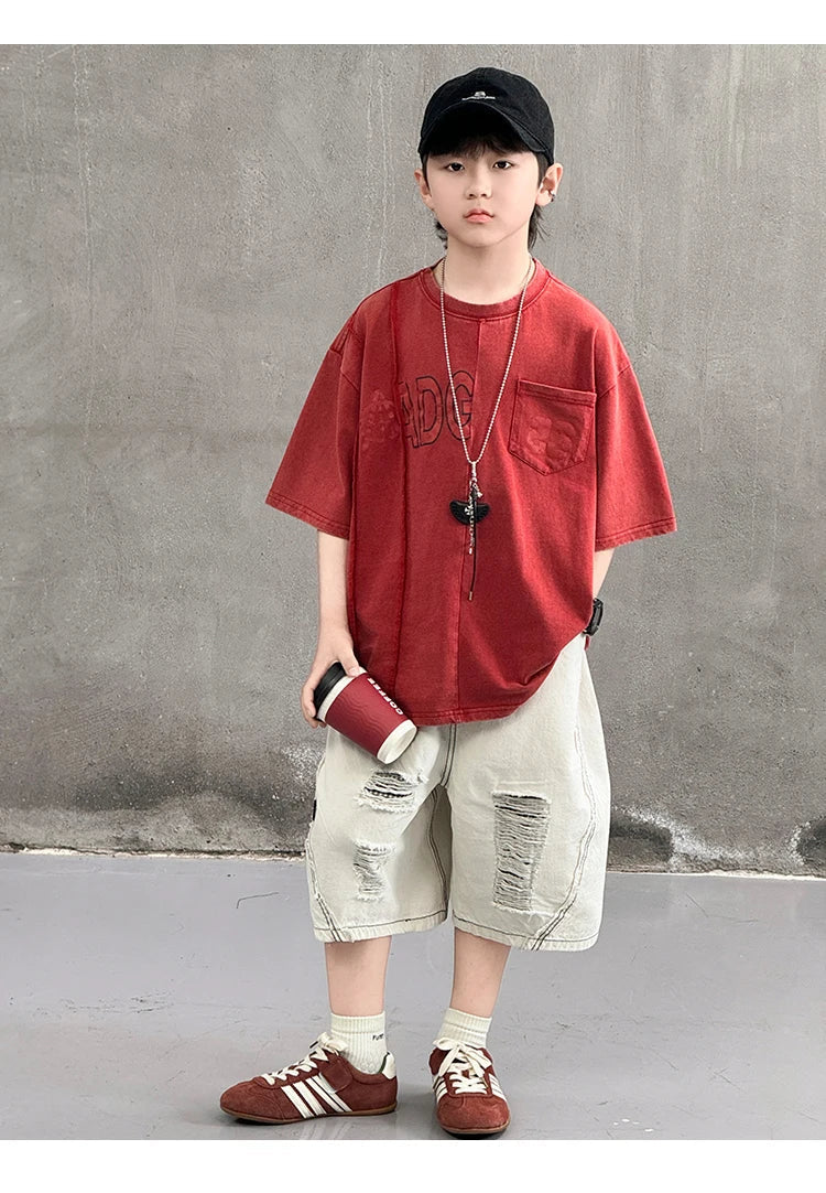 Cool Style Teenager Summer Set T-shirt And Ripped Denim Shorts Clothing Set for Kids Boy Age 7 To 14 Years Children Clothes Suit
