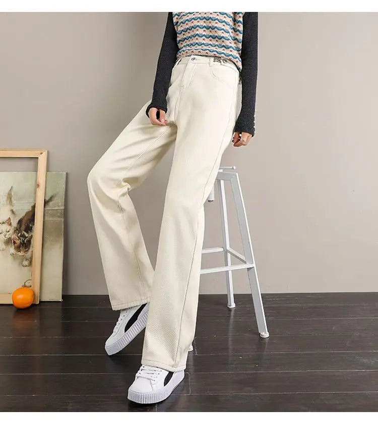 Winter Thick Warm Womens High Waist Jeans Fleece Lined Loose Fit Wide Leg Trousers Korean Style Stretchy Adjustable Waist  Jeans
