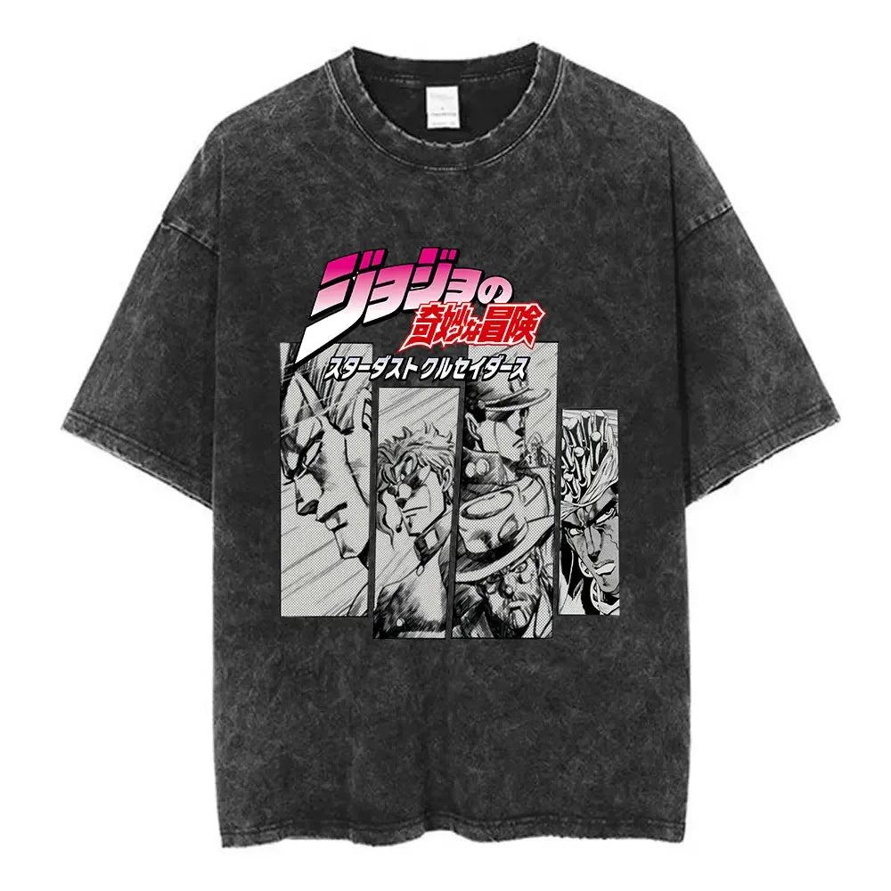 Vintage Washed Anime Jojo Bizarre Adventure T-shirt Giorno Giovanna Manga Graphic T-shirts Men's Clothing Cotton Casual T shirts