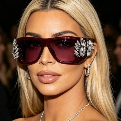 Women Oversized Square Cat Eye Sunglasses Luxury Rhinestone Floral Side Decor UV400 Thick Frame Shades for Party Nightclub
