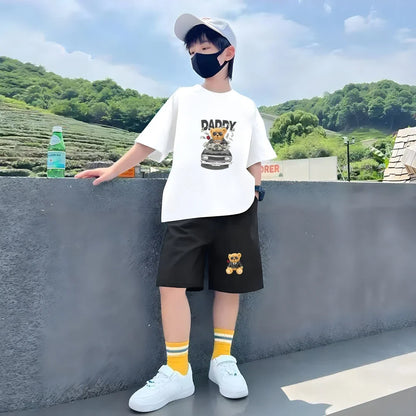 Children Short-sleeved T-shirt+Shorts black Boys Girls Toddler 3-12Yrs Sports Set Summe cool Tshirt Wealthy Bear Clothing