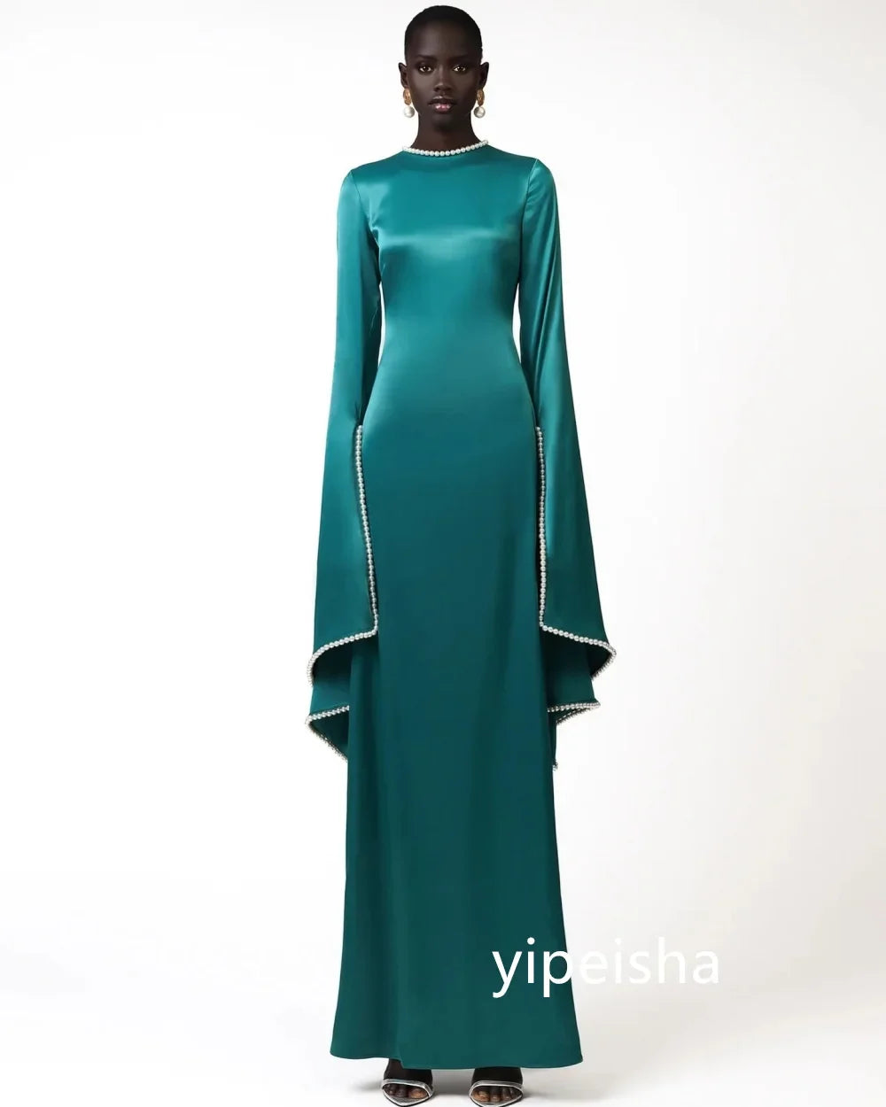 Customized Chinese Style Jersey Pearl A-line Scoop Neck Long Dresses Prom Dresses Classic Exquisite Modern Style Pastrol Unisex