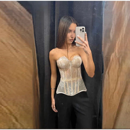 Sexy Women Sheer Lace Corset Top Bodycon Strapless Boned Bustier Sleeveless Back Lace-up Outfit 2026 New Fashion Party Clubwear